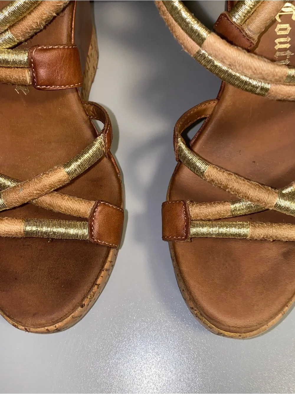 Juicy Couture Brown Gold Strap Cork Wedge Sandals 6.5
